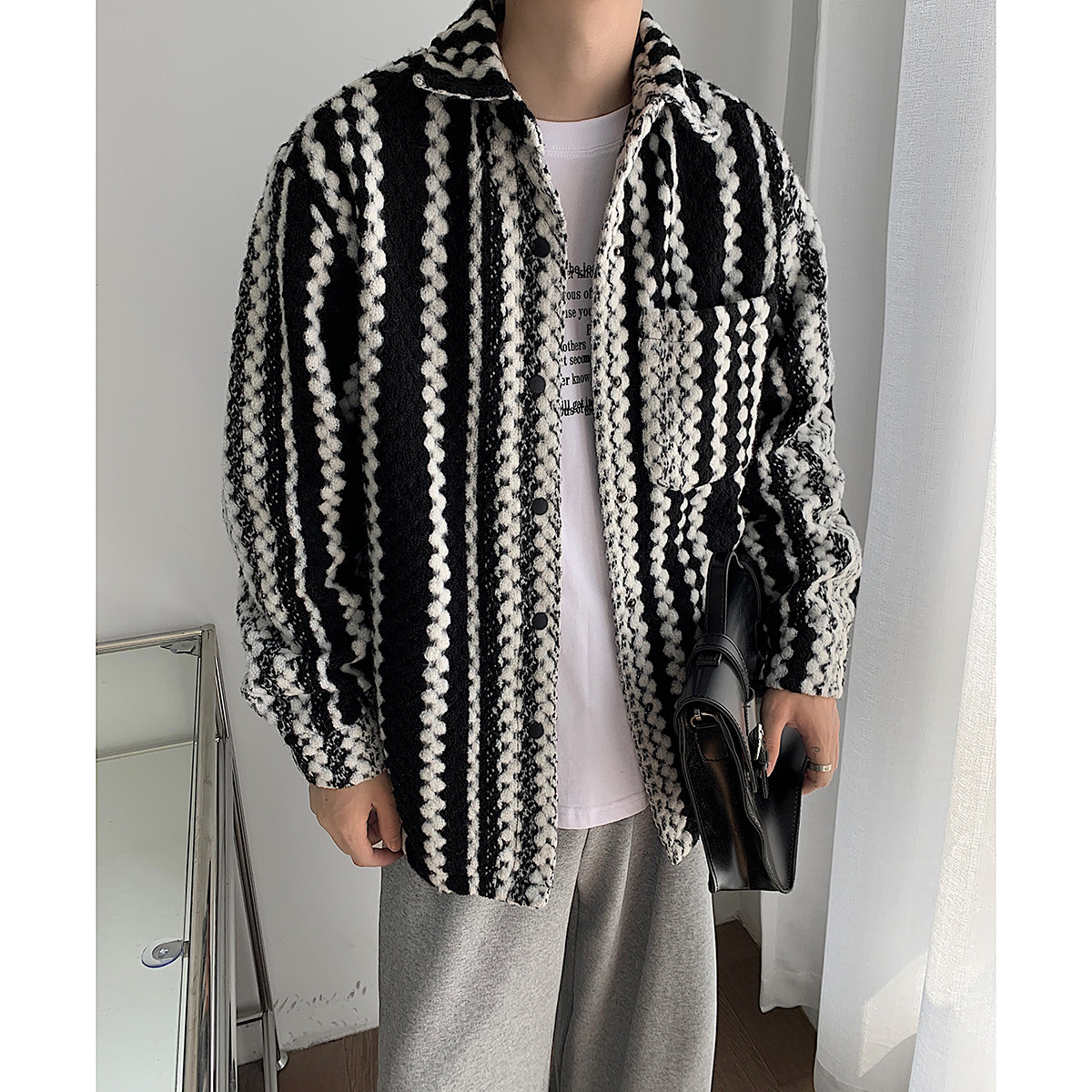 秋冬新复古黑白毛呢大衣衬衫款轻熟风大码保暖外套大衣mj626-p125，男装衬衫，电商B288