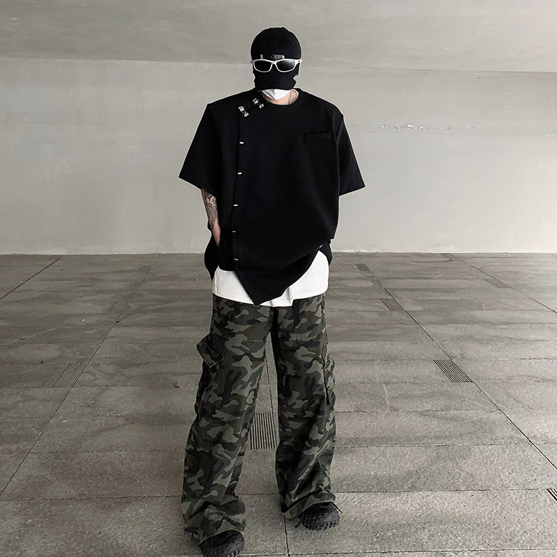 现货！25重磅金属铆钉垫肩T恤新中式小众暗黑圆领短袖男DX35-P68,男装T恤,电商B288