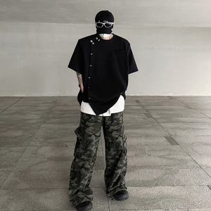 现货！25重磅金属铆钉垫肩T恤新中式小众暗黑圆领短袖男DX35-P68图片