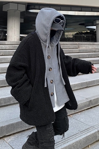 21冬季新款撞色毛呢假两件拼接羊羔毛棉衣男短款外套 fy07 p150图片