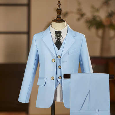 六一男童小主持人天蓝哔叽马甲三件套西服演出模特走秀儿童礼服套