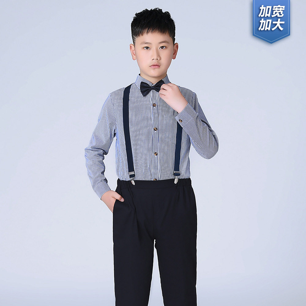 儿童礼服秋季新款胖版条纹背带裤套装代发男孩加肥主持合唱演出服