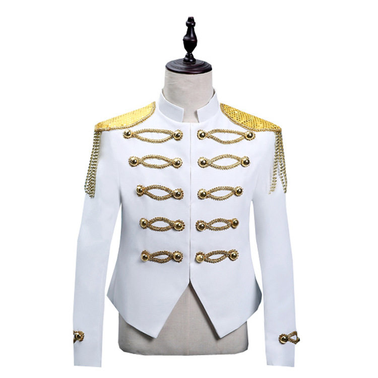 影楼男装主持舞台白色镶金流苏演出服上衣夜店DJ男宫廷装表演服