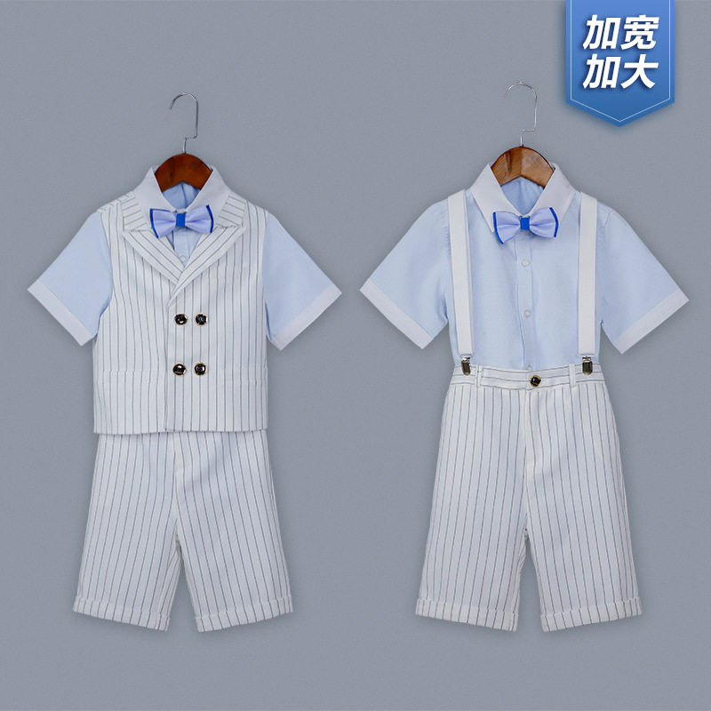 胖版夏季新款加肥短袖条纹背带裤两件套男童花童摄影礼服马甲套装