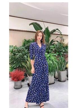 PG DVF2023秋新品宝蓝色印花针织弹力七分袖连衣裙气质翻领一片式