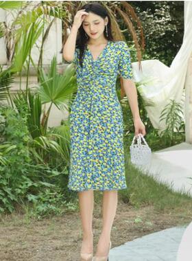 PG DVF2023秋季新弹力网纱黄色蜜桃双面印花正反两穿抽褶收腰仙女