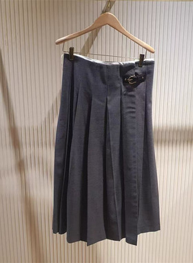 法式小众2025秋冬格雷系侧边皮扣装饰中长款百褶半身裙