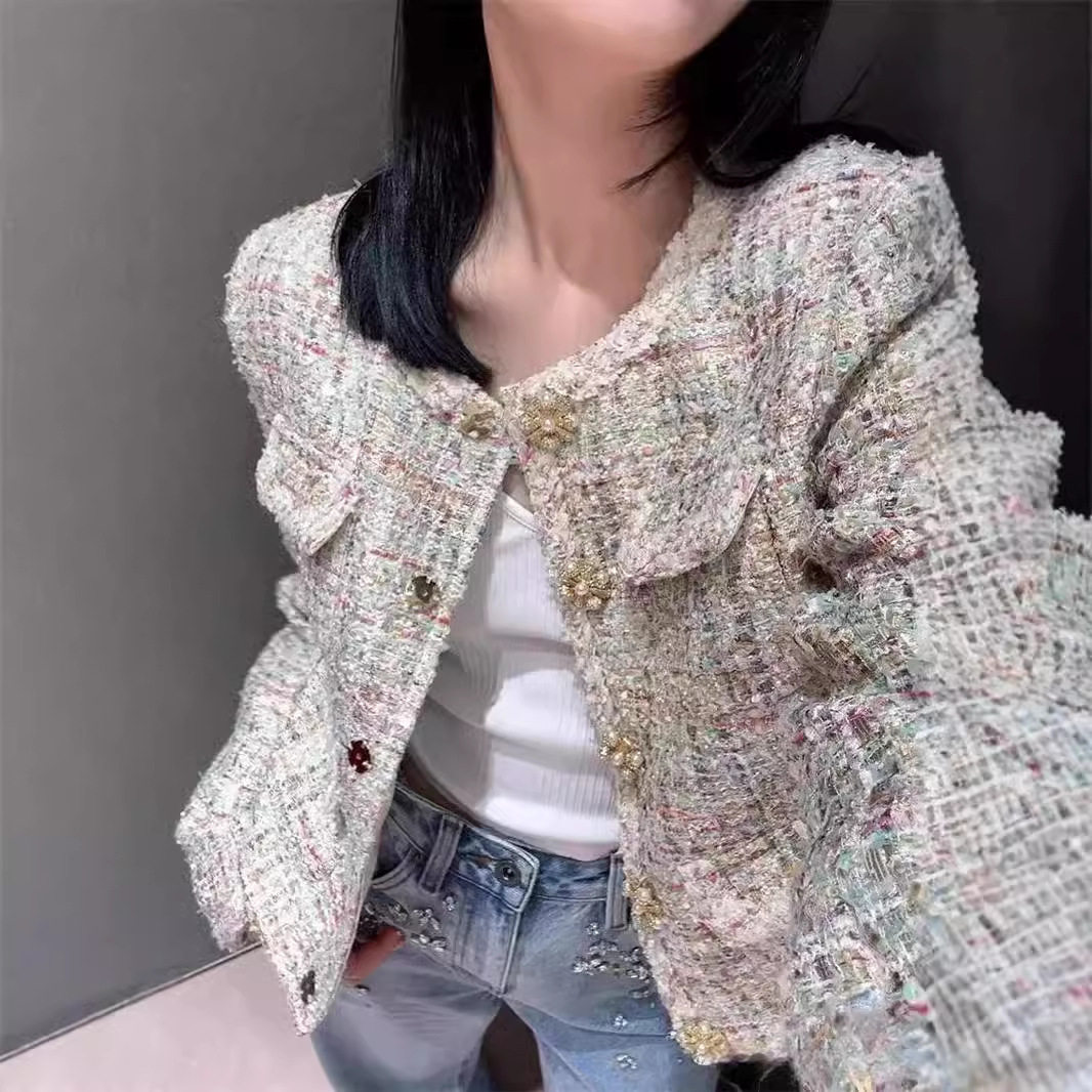 欧洲站24早秋新款亮片粗花呢短装外套名媛千金风上衣开衫女