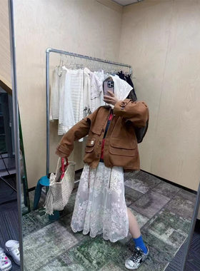 法式小众可拆卸斗篷拼皮领工装外套女25秋季新款宽松百搭夹克