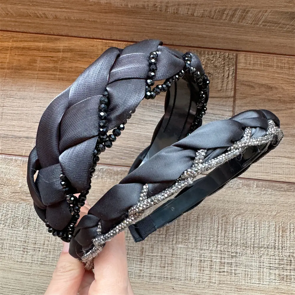 B071法式欧根纱水钻麻花发箍气质黑色高档头箍头扣高颅顶带齿防滑