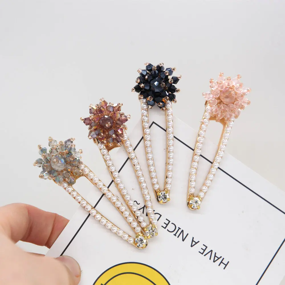 A02-1甜美淑女韩版水晶小花朵米珠镂空水滴夹韩国珍珠鸭嘴发夹