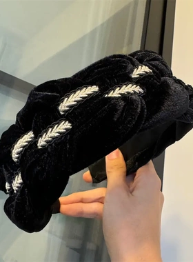 B206-1秋冬款金丝绒发箍加厚宽边黑色麦穗头箍高颅顶外出发饰网红