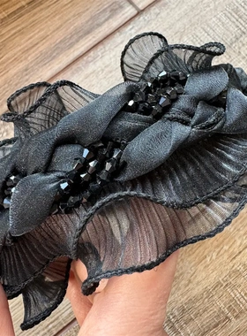 B137荷叶边黑色水晶编织发箍带齿防滑网红黑网纱荷叶边头饰女