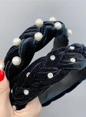 B283韩版黑色金丝绒麻花发箍宽边钉珍珠网红发饰增高颅顶头饰