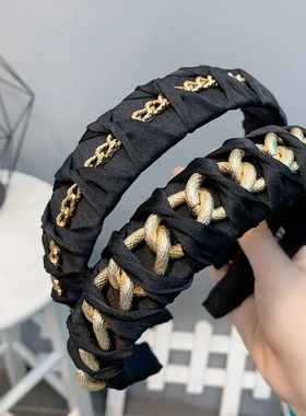 B222欧美法式金色链条黑色发箍金属重工时尚个性气质头箍头饰