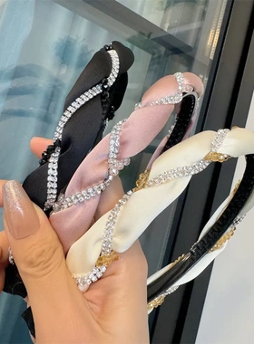 B316水钻麻花缎面发箍带齿防滑洗脸头箍外出高档仙女头扣发饰