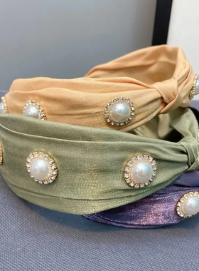 B131潮流发饰精品店高亮珍珠满钻打结发箍甜美潮人亮色头饰女