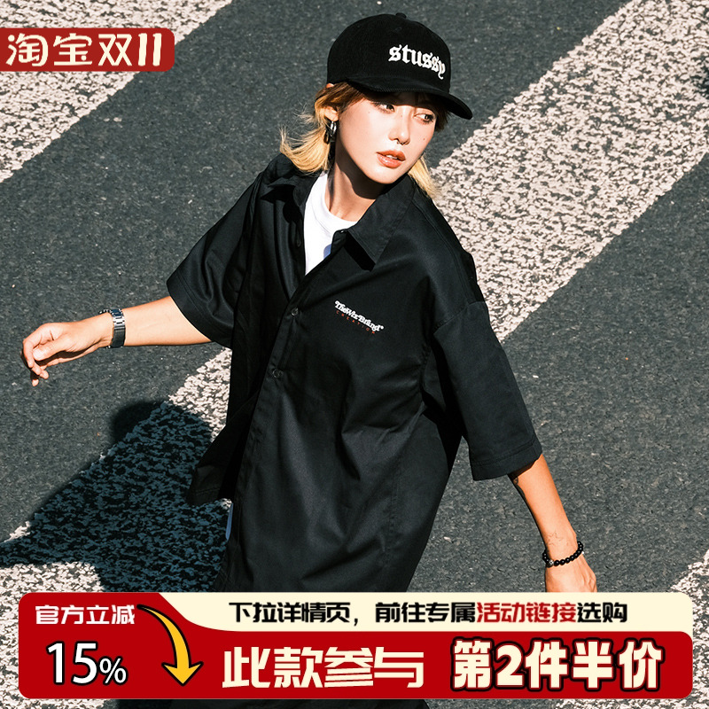 THEWIZBRAND 春夏潮流百搭logo印花休闲宽松短袖衬衫情侣男女同款