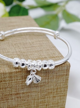 正生999纯银手镯女串珠两世欢推拉银镯莲子莲蓬足银手环七夕礼物