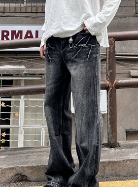 美式闪电爆裂纹水洗牛仔裤男复古直筒微喇休闲拖地长裤情侣潮牌裤