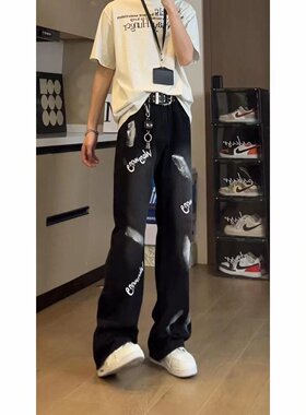 美式复古水洗泼墨直筒微喇牛仔裤男字母印花做旧宽松休闲百搭裤子