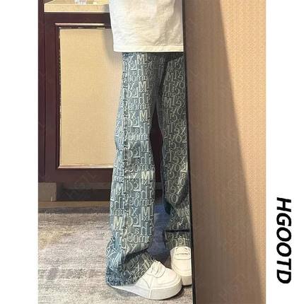 满印字母牛仔裤男夏季小众设计感裤子美式高街vibe直筒微喇弯刀裤