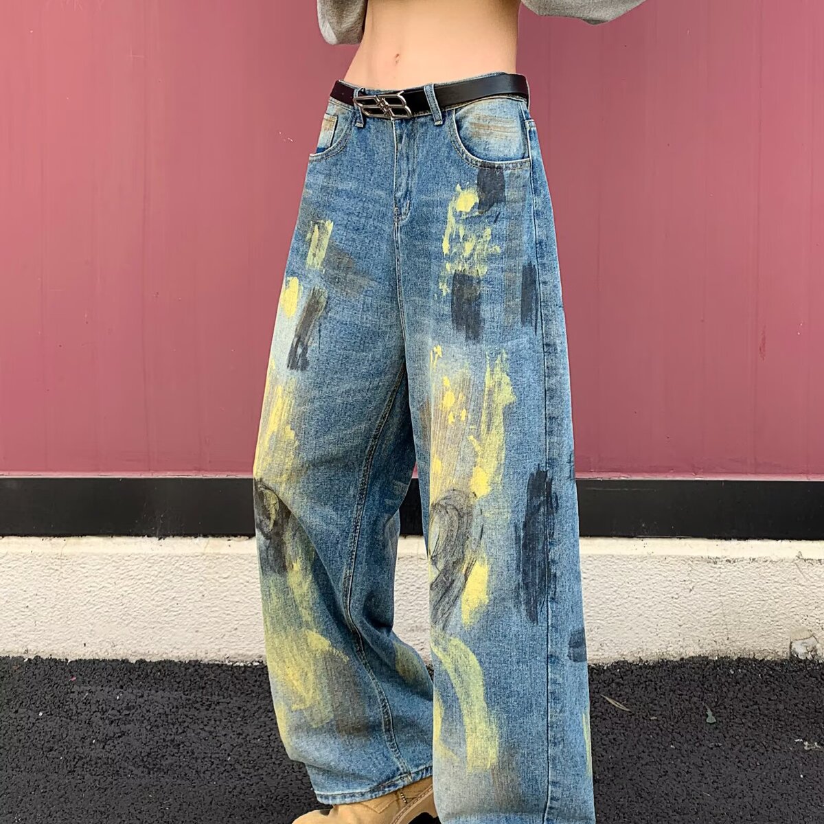 高街vibe美式潮牌涂鸦泼墨牛仔裤男女秋季高级感痞帅直筒阔腿长裤
