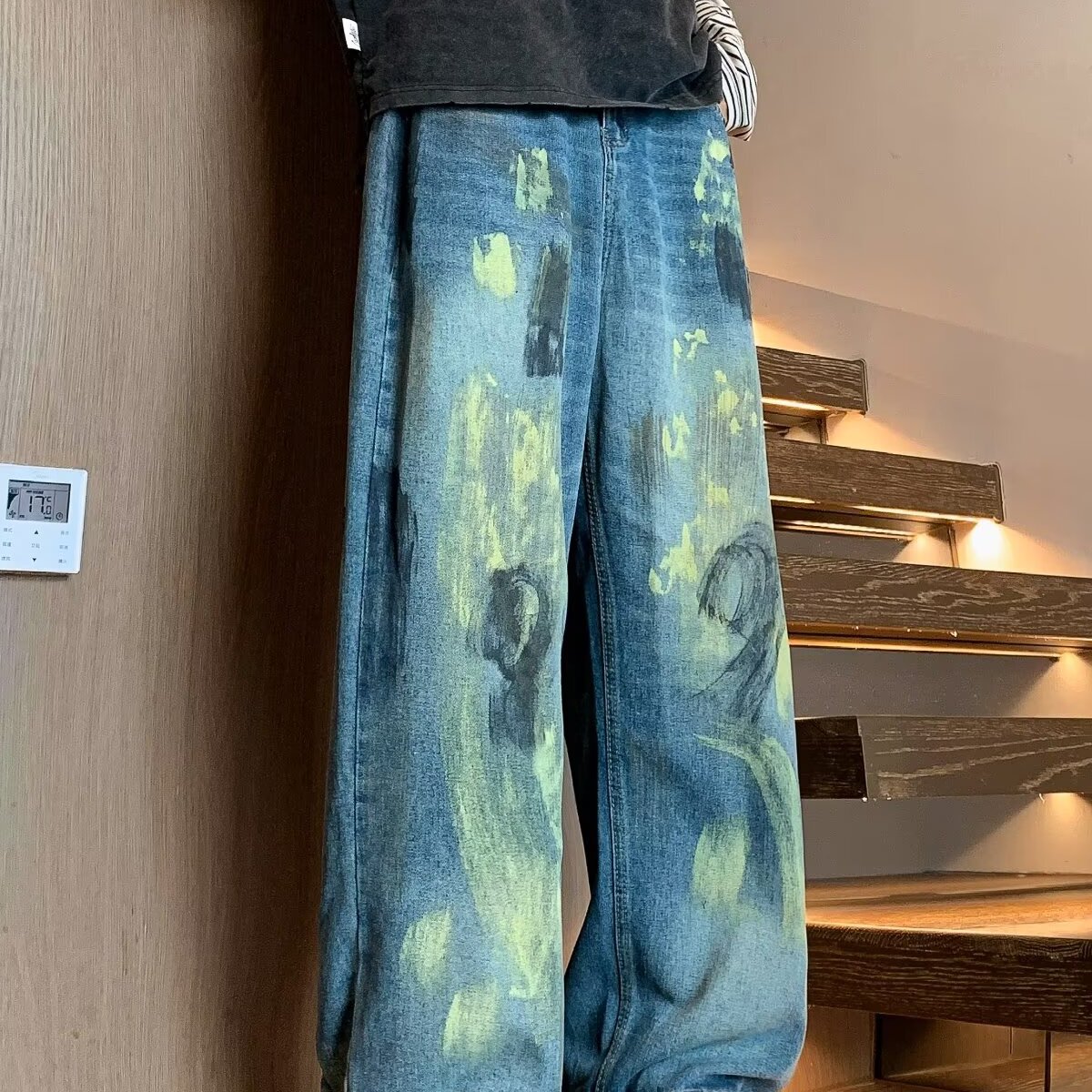 美式泼墨脏染牛仔裤男秋季2025新款宽松阔腿裤潮牌水洗休闲直筒裤