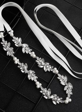 手工珍珠水钻腰链结婚饰品百搭新娘韩式新款婚纱礼服配饰细款腰封