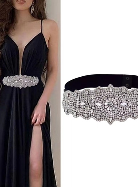 欧美时尚水钻腰带松紧重工收腰配连衣裙编织新款腰封弹力暗扣黑色