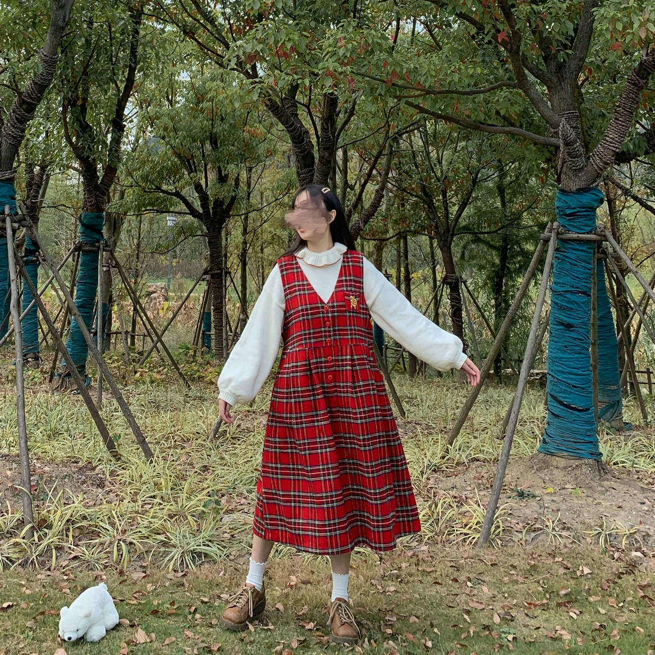 【野驴】自制日系少女圣诞格显白复古红刺绣古着感高腰毛呢背带裙