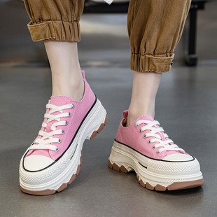 港风小个子增高厚底皮里帆布鞋 女 ins潮防滑粉色松糕底休闲运动鞋