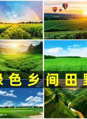 绿色草原乡间田野稻田草地河流装饰壁画大自然风景高清海报墙贴画
