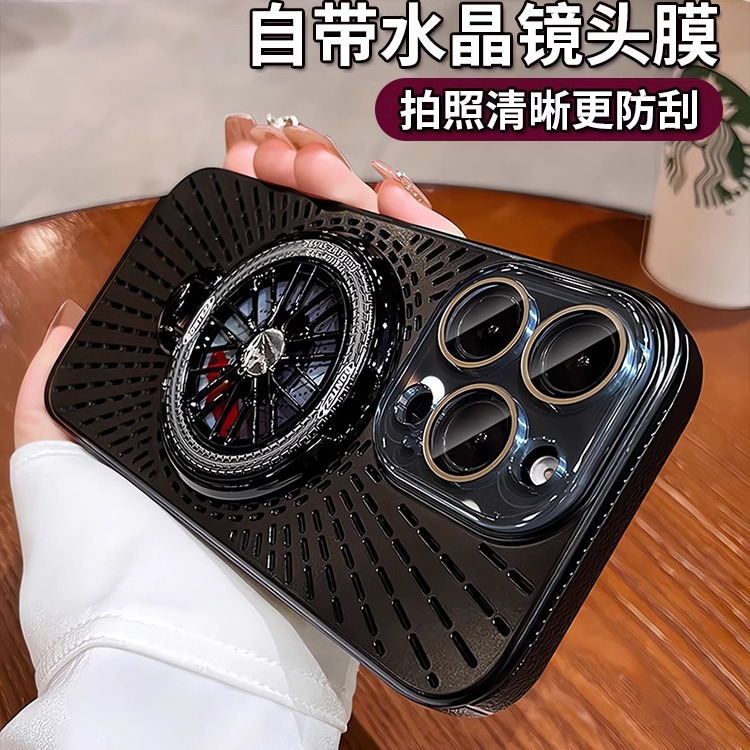 新款适用苹果16promax手机壳新款散热iphone15pro陀螺带支架高级感轻奢14镜头全包13pm硬外壳男女防摔磁吸套