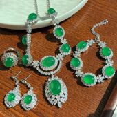 国风复古玻璃体起光颗颗带荧光高品质绿玉髓项链戒指手链戒指套装