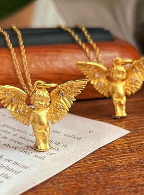 复古风百搭新款上市黄铜气质优质设计感可爱小天使项链吊坠锁骨链