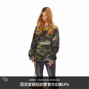 设计感街头辣妹宽松迷彩露肩上衣 卫衣女秋季 BLACKBB 字母斜肩长袖