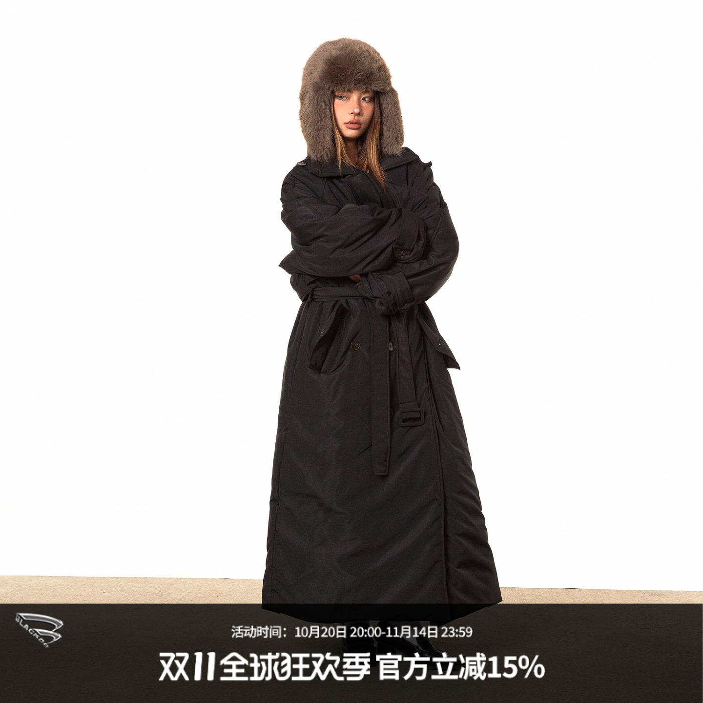 长款巴黎廊形双排扣大衣棉服