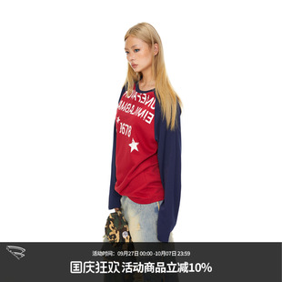 T恤女秋美式 潮牌寬松休閑體恤 撞色拼接星星字母圓領長袖 BLACKBB