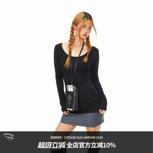 辣妹修身 BLACKBB 美式 蕾丝拼接大领口长袖 外穿内搭上衣 T恤女秋季