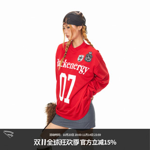 美式 T恤女早秋新款 潮牌宽松运动体恤上衣 字母印花V领长袖 BLACKBB