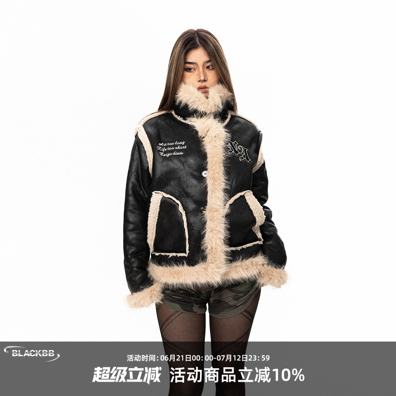 BLACKBB/美拉德麂皮毛领棉服女冬季保暖加厚毛绒机车辣妹夹克外套