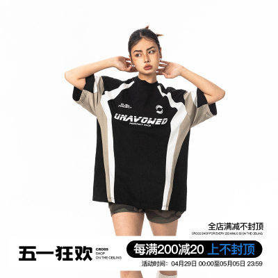 BLACKBB/美式街头复古赛车服领短袖潮女夏季宽松百搭情侣t恤上衣