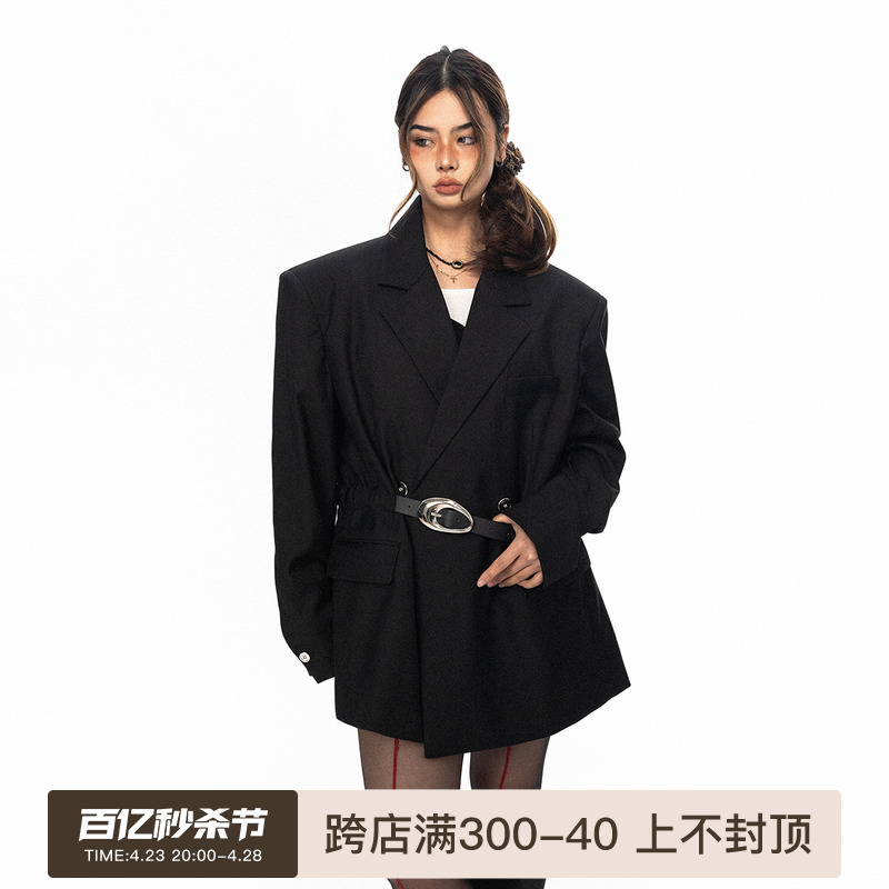 BLACKBB/高级感腰带收腰廓形黑色西装外套女2024春秋新款垫肩西服