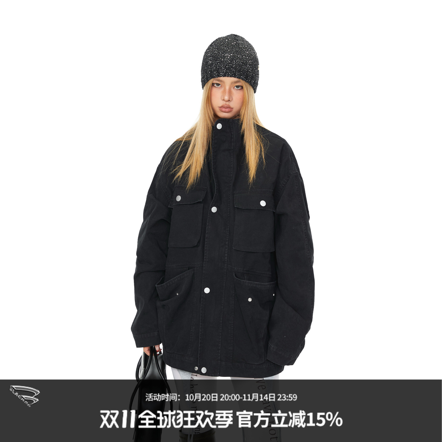 复古做旧多口袋立领工装牛仔外套