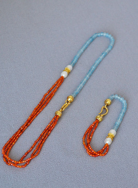 国潮新中式小众复古清新海蓝刻面真石串珠淡水珍珠个性气质项链女