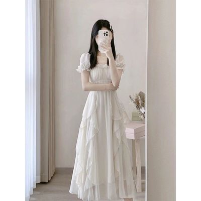白色连衣裙2024年夏季新款法式收腰显瘦高级感气质赫本风仙女长裙