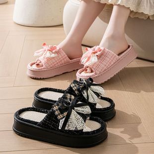 跨境亚麻拖鞋 棉麻拖 女春夏蕾丝蝴蝶结室内防滑地板凉拖鞋 外穿四季