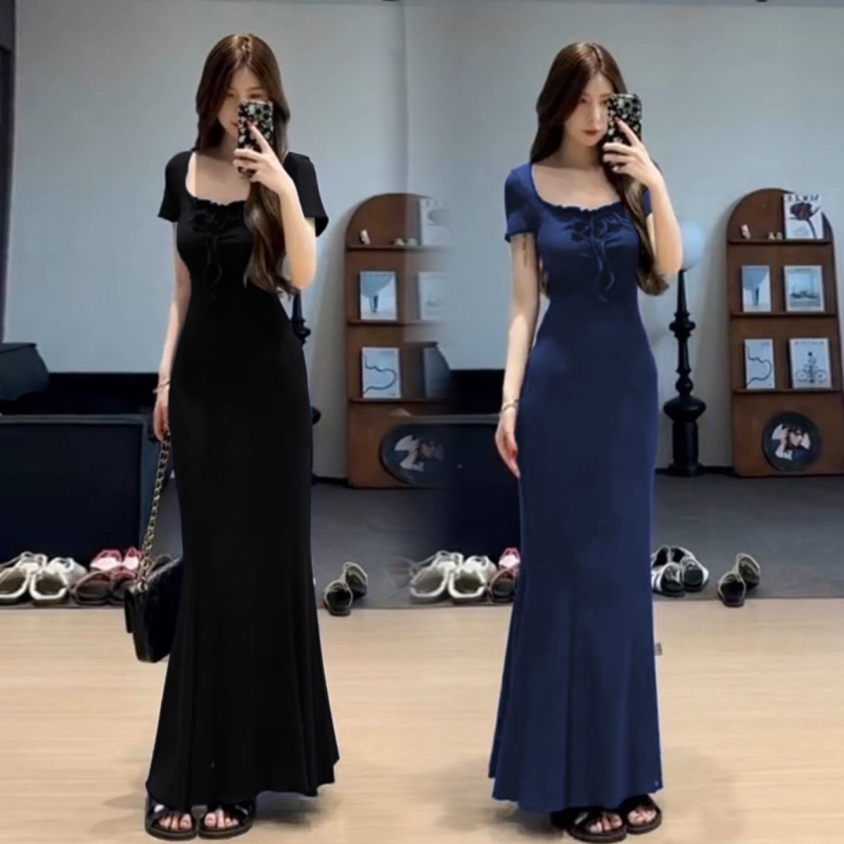 法式蓝色包臀连衣裙子女