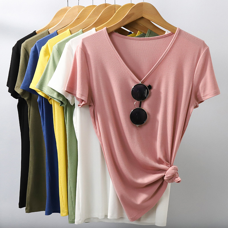 高端桑蚕丝免烫螺纹针织衫上衣垂感舒适V领短袖T恤打底衫女夏薄款